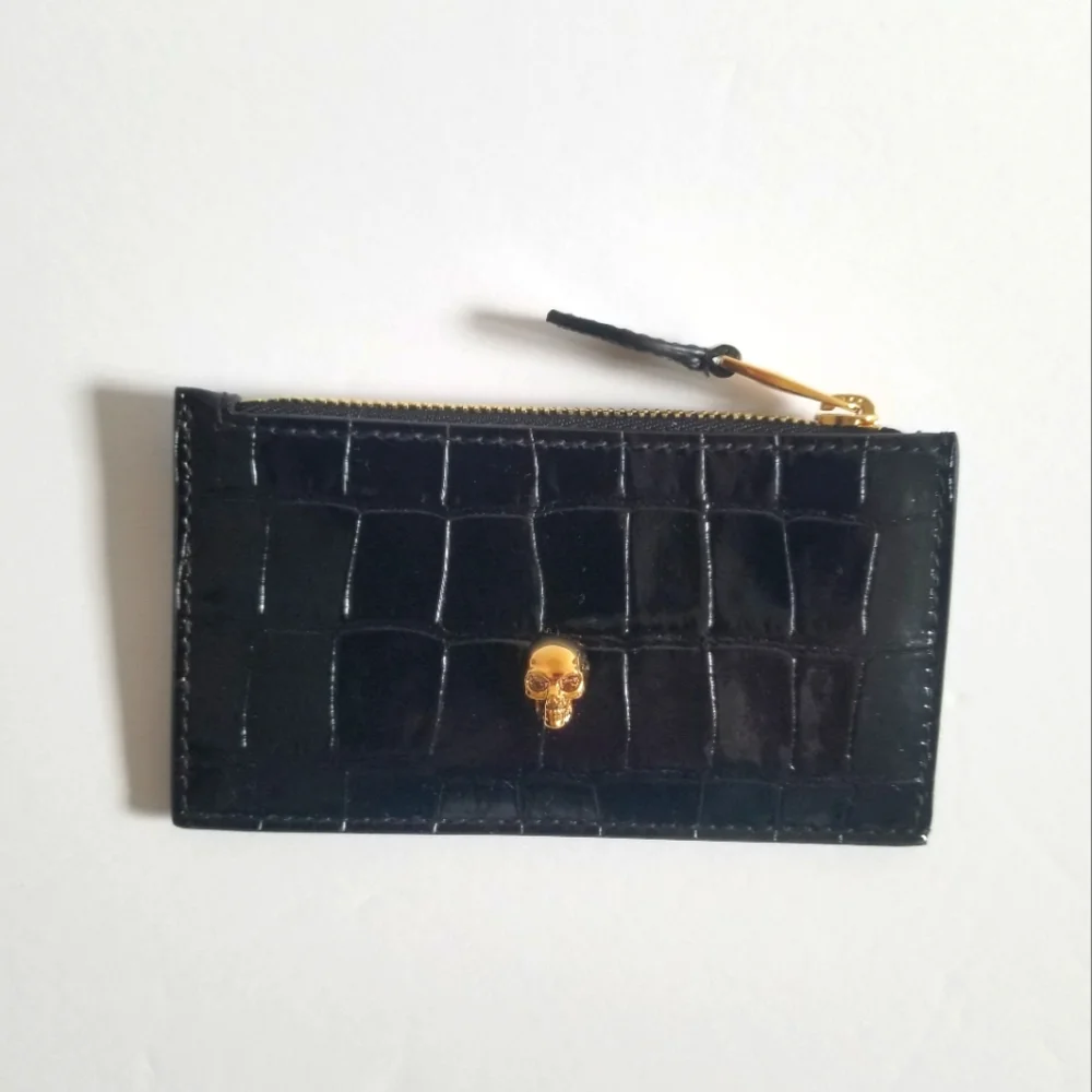 Alexander McQueen Croc-Embossed Leather Skull Card Holder Black Gold - Picture 4 of 8